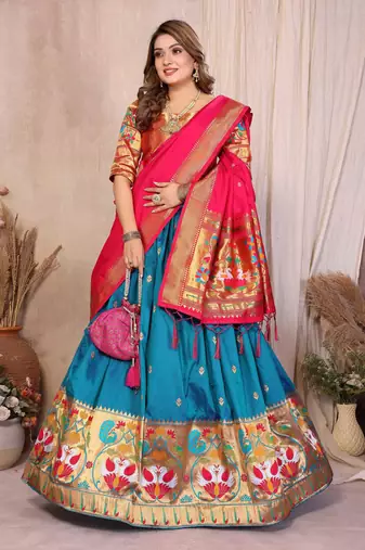 Silk Lehenga Choli with Paithani Border & Teal Blue Dupatta Traditional Festive & Wedding Wear Lehenga Set for Women