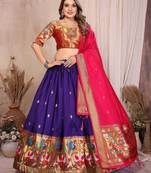 Silk Lehenga Choli with Paithani Border & Teal Blue Dupatta Traditional Festive & Wedding Wear Lehenga Set for Women