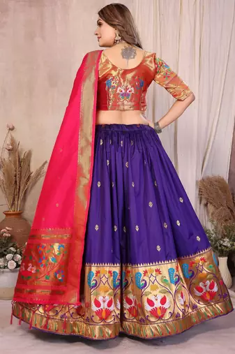 Silk Lehenga Choli with Paithani Border & Teal Blue Dupatta Traditional Festive & Wedding Wear Lehenga Set for Women