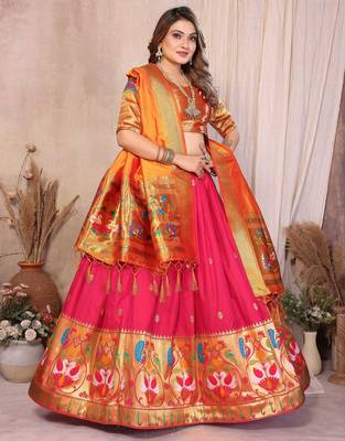 pink silk paithani border lehenga choli with orange dupatta 2