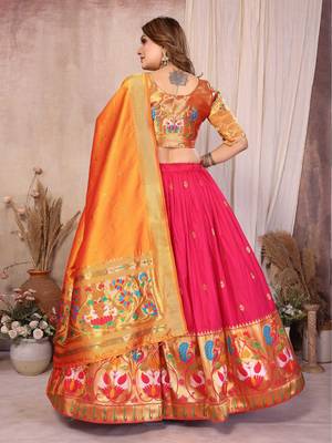 pink silk paithani border lehenga choli with orange dupatta 3