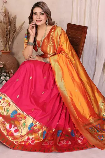 Silk Lehenga Choli with Paithani Border & Teal Blue Dupatta Traditional Festive & Wedding Wear Lehenga Set for Women