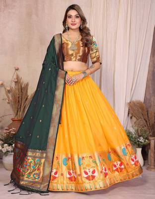 mustard yellow silk paithani border lehenga choli with dark green dupatta 1