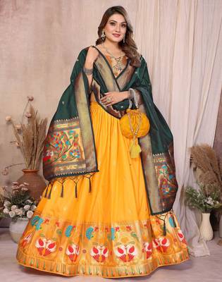 mustard yellow silk paithani border lehenga choli with dark green dupatta 2