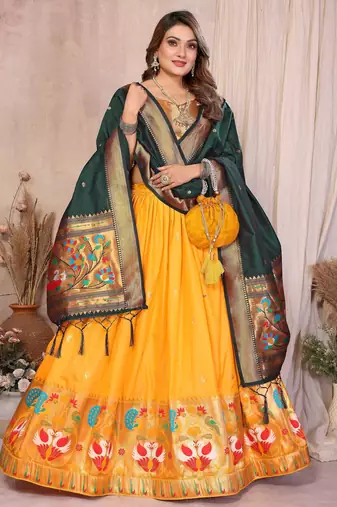 Silk Lehenga Choli with Paithani Border & Teal Blue Dupatta Traditional Festive & Wedding Wear Lehenga Set for Women