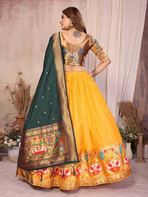 mustard yellow silk paithani border lehenga choli with dark green dupatta 3