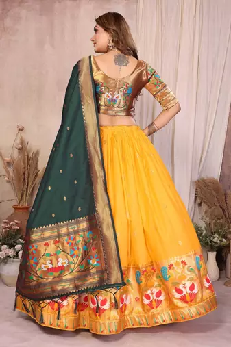 Silk Lehenga Choli with Paithani Border & Teal Blue Dupatta Traditional Festive & Wedding Wear Lehenga Set for Women