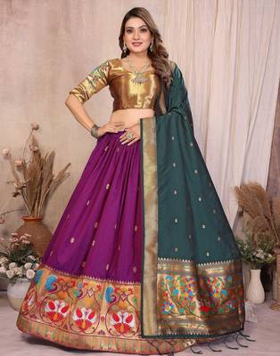 purple silk paithani border lehenga choli with dark green dupatta 1