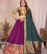 Silk Lehenga Choli with Paithani Border & Teal Blue Dupatta Traditional Festive & Wedding Wear Lehenga Set for Women