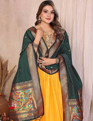 mustard yellow silk paithani border lehenga choli with dark green dupatta 4
