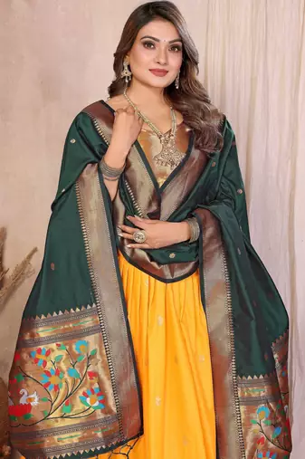 Silk Lehenga Choli with Paithani Border & Teal Blue Dupatta Traditional Festive & Wedding Wear Lehenga Set for Women