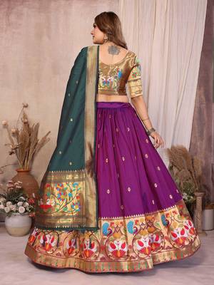 purple silk paithani border lehenga choli with dark green dupatta 3