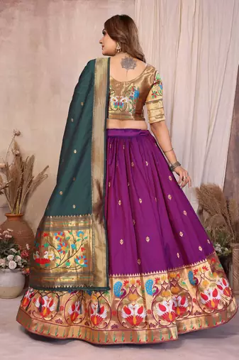 Silk Lehenga Choli with Paithani Border & Teal Blue Dupatta Traditional Festive & Wedding Wear Lehenga Set for Women