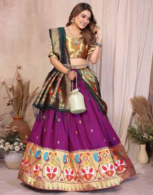 purple silk paithani border lehenga choli with dark green dupatta 4
