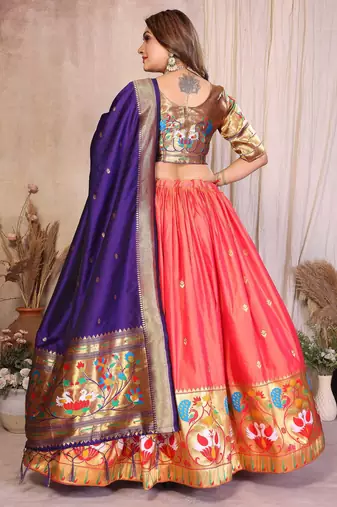 Silk Lehenga Choli with Paithani Border & Teal Blue Dupatta Traditional Festive & Wedding Wear Lehenga Set for Women