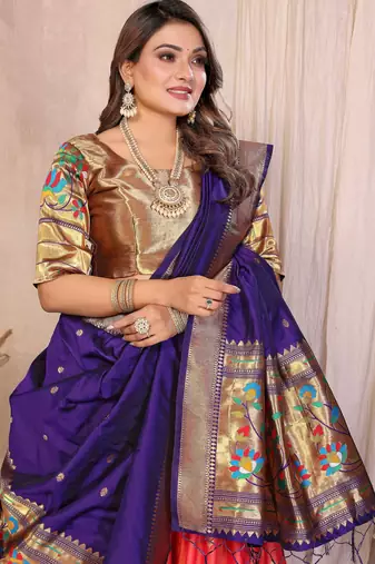 Silk Lehenga Choli with Paithani Border & Teal Blue Dupatta Traditional Festive & Wedding Wear Lehenga Set for Women