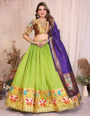 lime green silk paithani border lehenga choli with purple dupatta 1