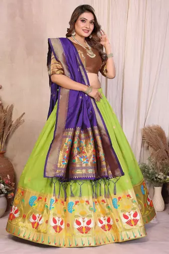 Silk Lehenga Choli with Paithani Border & Teal Blue Dupatta Traditional Festive & Wedding Wear Lehenga Set for Women
