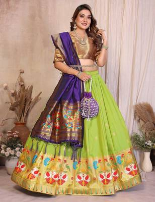 lime green silk paithani border lehenga choli with purple dupatta 4