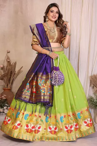 Silk Lehenga Choli with Paithani Border & Teal Blue Dupatta Traditional Festive & Wedding Wear Lehenga Set for Women