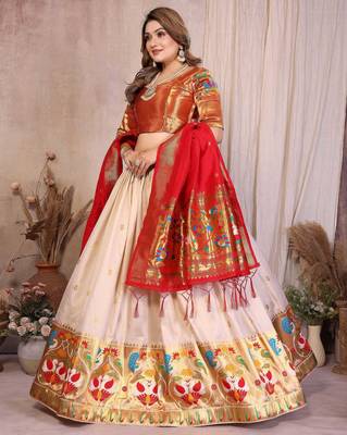 cream silk paithani border lehenga choli with red dupatta 2