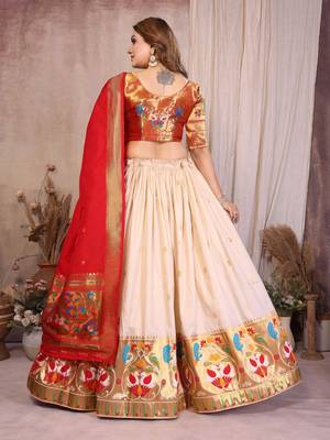 cream silk paithani border lehenga choli with red dupatta 3