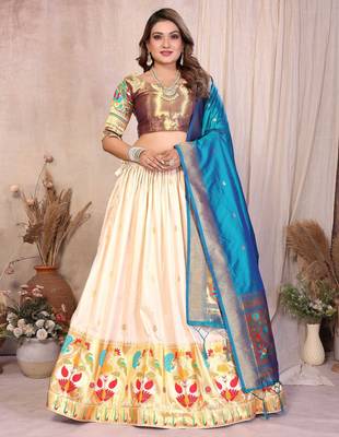 cream silk paithani border lehenga choli with teal blue dupatta 1