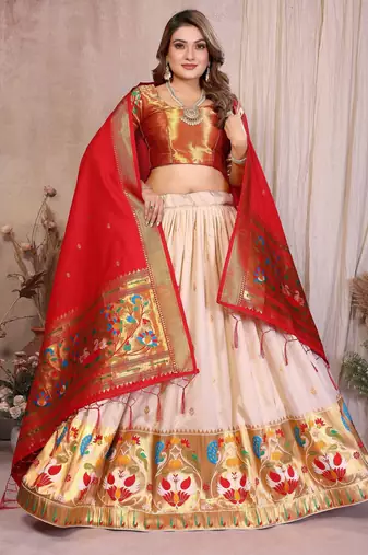 Silk Lehenga Choli with Paithani Border & Teal Blue Dupatta Traditional Festive & Wedding Wear Lehenga Set for Women