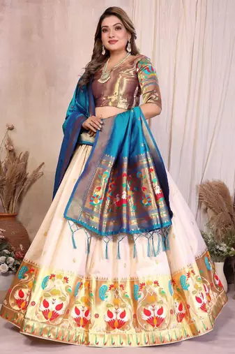 Silk Lehenga Choli with Paithani Border & Teal Blue Dupatta Traditional Festive & Wedding Wear Lehenga Set for Women