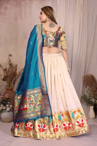 Silk Lehenga Choli with Paithani Border & Teal Blue Dupatta Traditional Festive & Wedding Wear Lehenga Set for Women