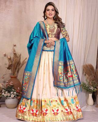 cream silk paithani border lehenga choli with teal blue dupatta 4