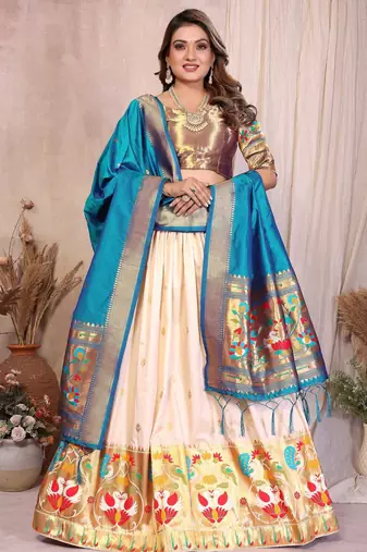 Silk Lehenga Choli with Paithani Border & Teal Blue Dupatta Traditional Festive & Wedding Wear Lehenga Set for Women