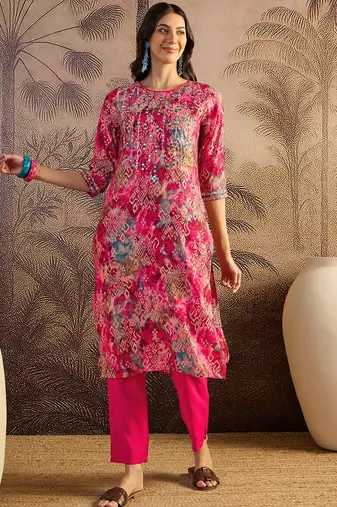 Printed boat neck kurta & trousers kurta sets