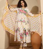 Floral printed pure cotton tiered anarkali kurta & trousers with dupatta