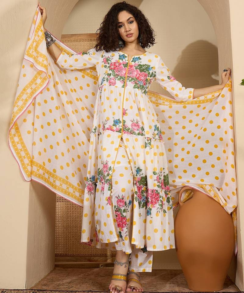 Floral printed pure cotton tiered anarkali kurta & trousers with dupatta