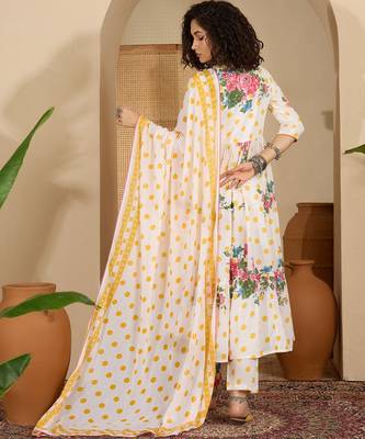 Floral printed pure cotton tiered anarkali kurta & trousers with dupatta 2
