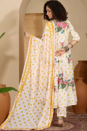 Floral printed pure cotton tiered anarkali kurta & trousers with dupatta
