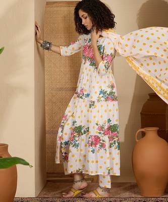 Floral printed pure cotton tiered anarkali kurta & trousers with dupatta 4