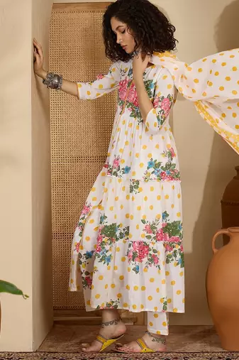 Floral printed pure cotton tiered anarkali kurta & trousers with dupatta