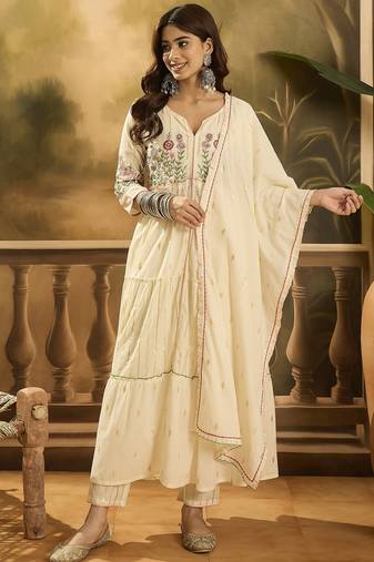 Women floral embroidered cotton kurta with trousers & dupatta
