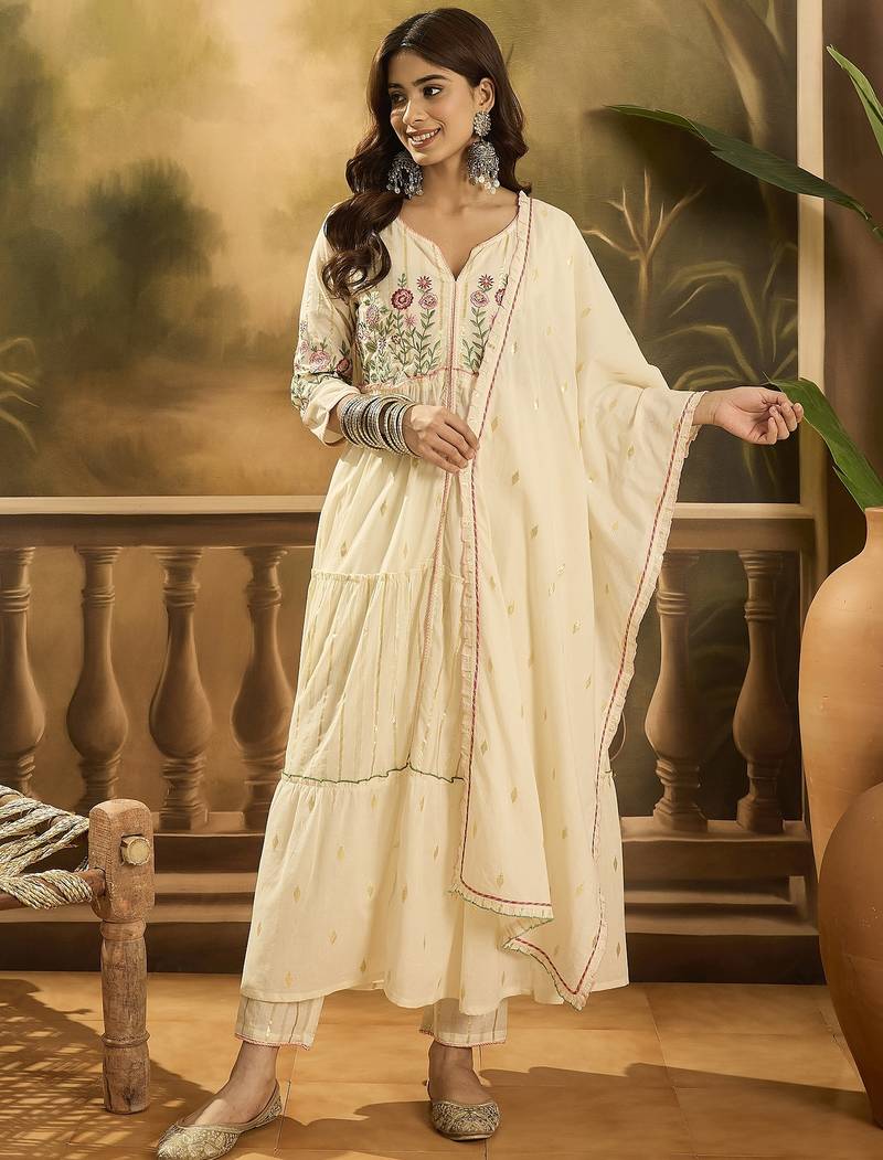 Women floral embroidered cotton kurta with trousers & dupatta