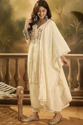 Women floral embroidered cotton kurta with trousers & dupatta