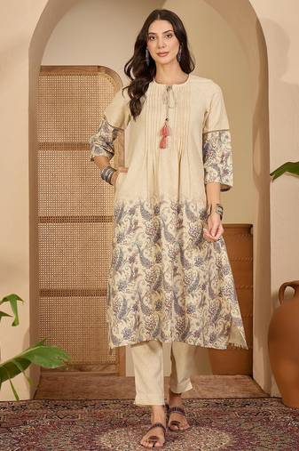 Floral printed round neck a-line kurta & trousers