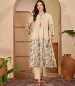 Floral printed round neck a-line kurta & trousers