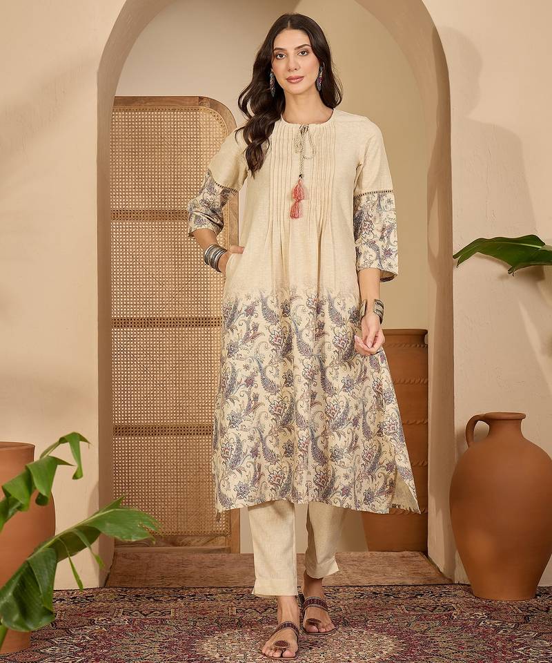 Floral printed round neck a-line kurta & trousers