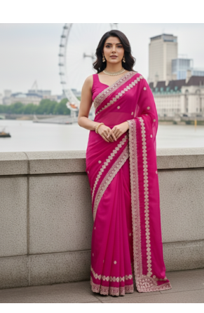 Women Rani Pink Embroidered Border Saree 1