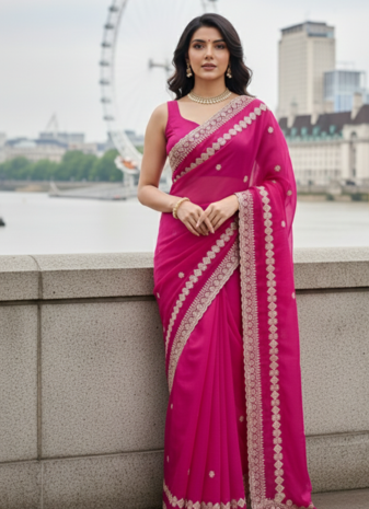 Women Rani Pink Embroidered Border Saree