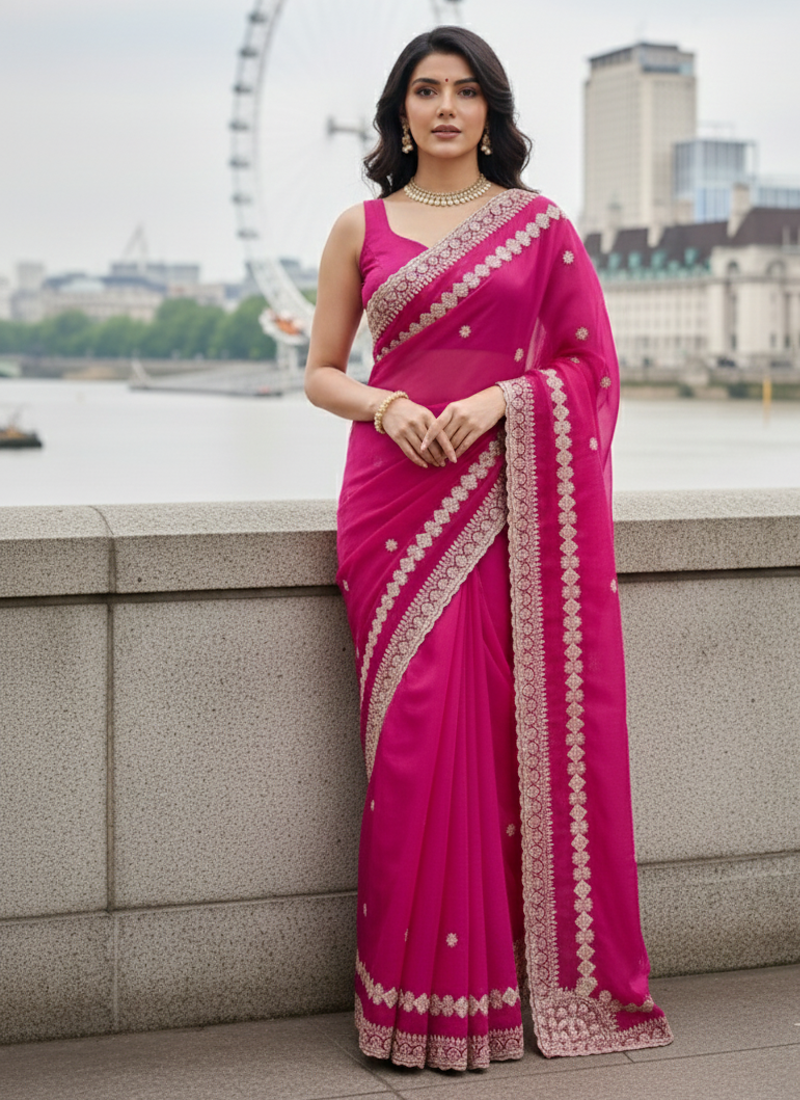 Women Rani Pink Embroidered Border Saree