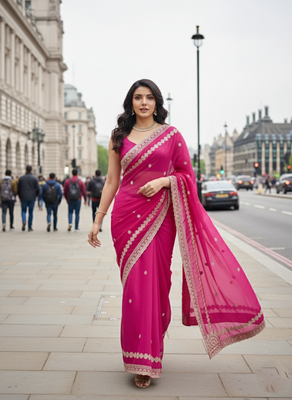 Women Rani Pink Embroidered Border Saree 2