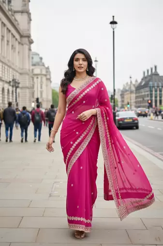 Women Rani Pink Embroidered Border Saree